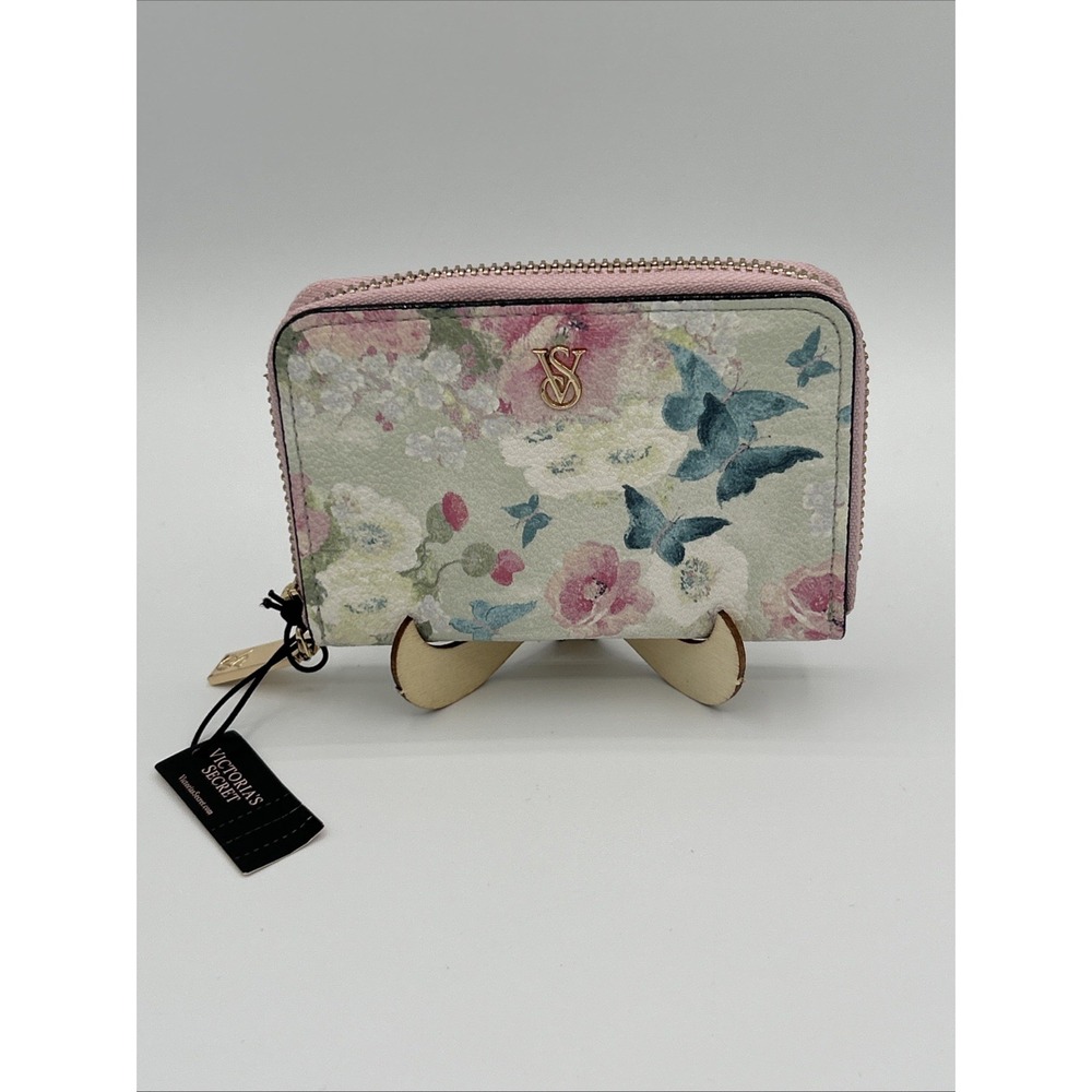 Victoria's Secret Small Wallet Zip Around Floral Butterfly Gold VS Logo NWT